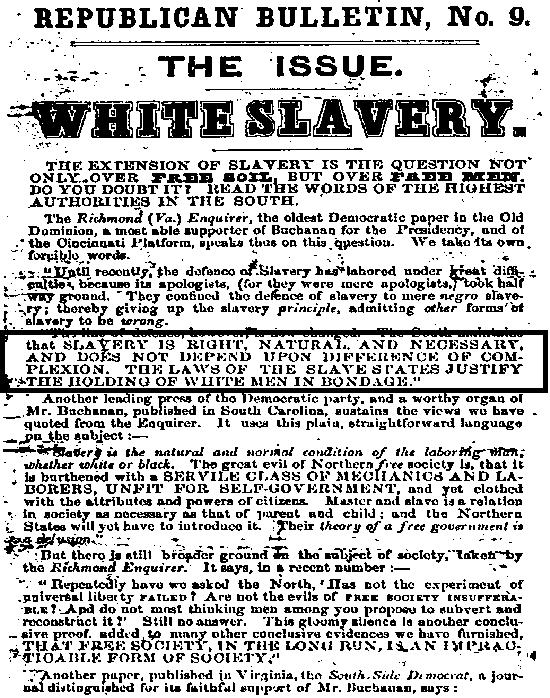 New Republican Party Established in 1854 made up of Conscience Whigs, Free Soilers & Know Nothings Republicans are NOT abolitionists, but do not want any expansion of slavery and strongly oppose