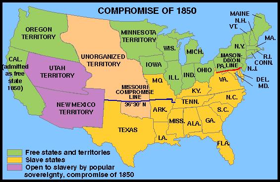 Key parts of Compromise: The Compromise of 1850 CA enters union as a free state NM & Utah