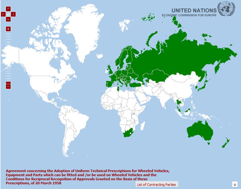 UN 1958 Agreement Global Harmonisation 47 Contracting Parties Albania, Australia, Austria, Azerbaijan, Belarus, Belgium, Bosnia and Herzegovina, Bulgaria, Croatia, Czech Republic, Denmark, Estonia,