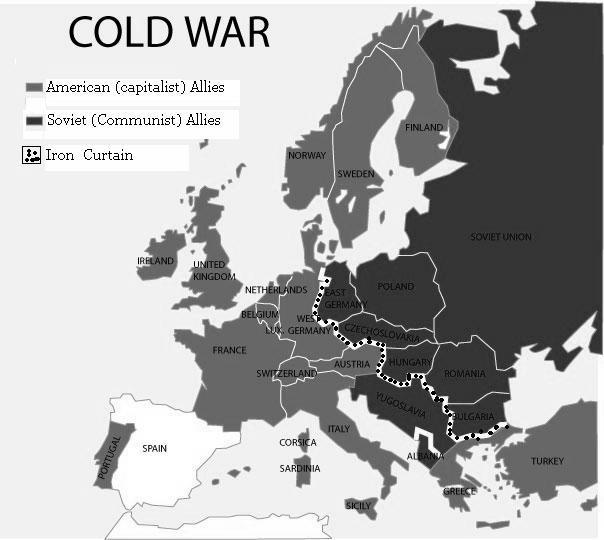 Document 2: 1. What is the only country shown on this map that was divided by the Iron Curtain? 2. The countries in the west of Europe are mostly allies of this country 3.