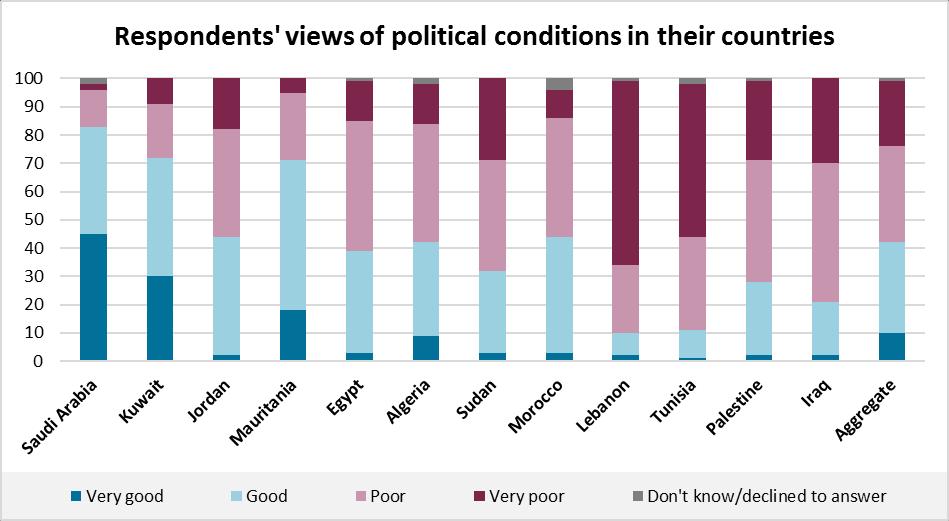 2 Only 41 percent of Arab respondents viewed the political situation in their countries positively, but the responses varied widely among countries.