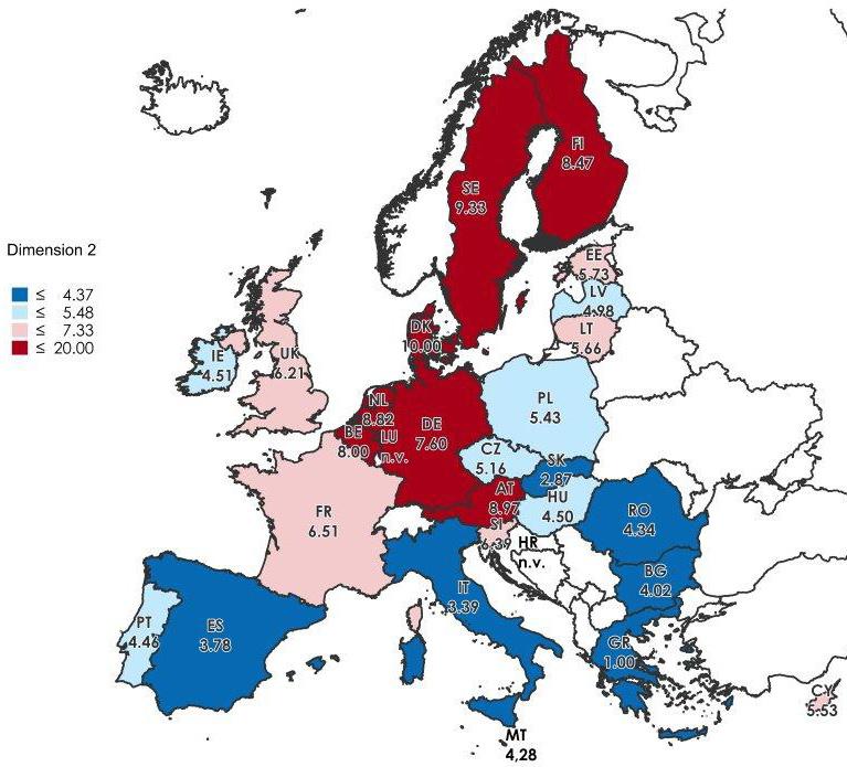 17 Figure 6: Dimension 2 Participation Index, EU-28 (without LU and HR) Source: Eurostat, WIFO calculations. The respective value forms the boundary to the next group: 4.37 = 25% percentile, 5.