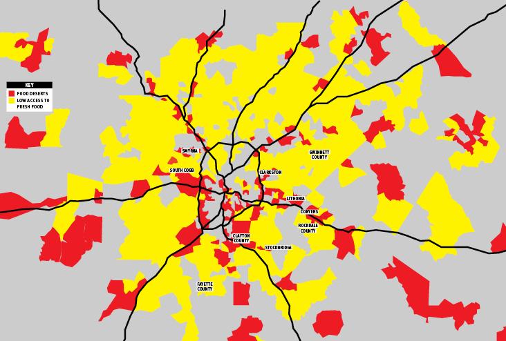 Atlanta s Food Desert Red=20 percent poverty rate and in which at least one third of residents live a mile from a grocery store.
