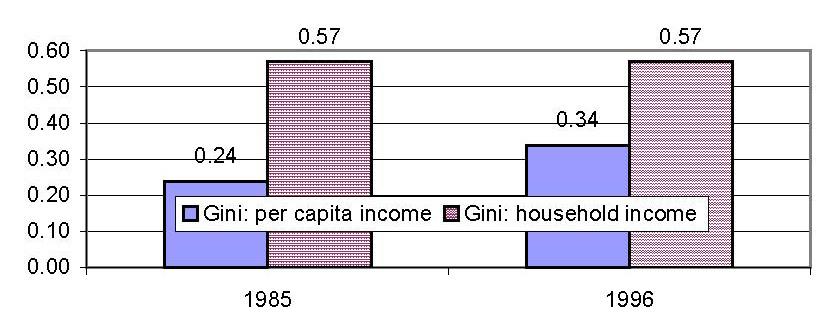 In Nepal, based on the NSAC report, inequality either has increased substantially from 1985 to 1996 or else has remained the same, depending on whether one is using per capita income or household