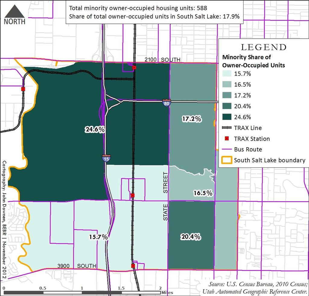 Figure 5 shows the number of minority occupied units by census tract in South Salt Lake. The west side of South Salt Lake includes mostly industrial and commercial areas.