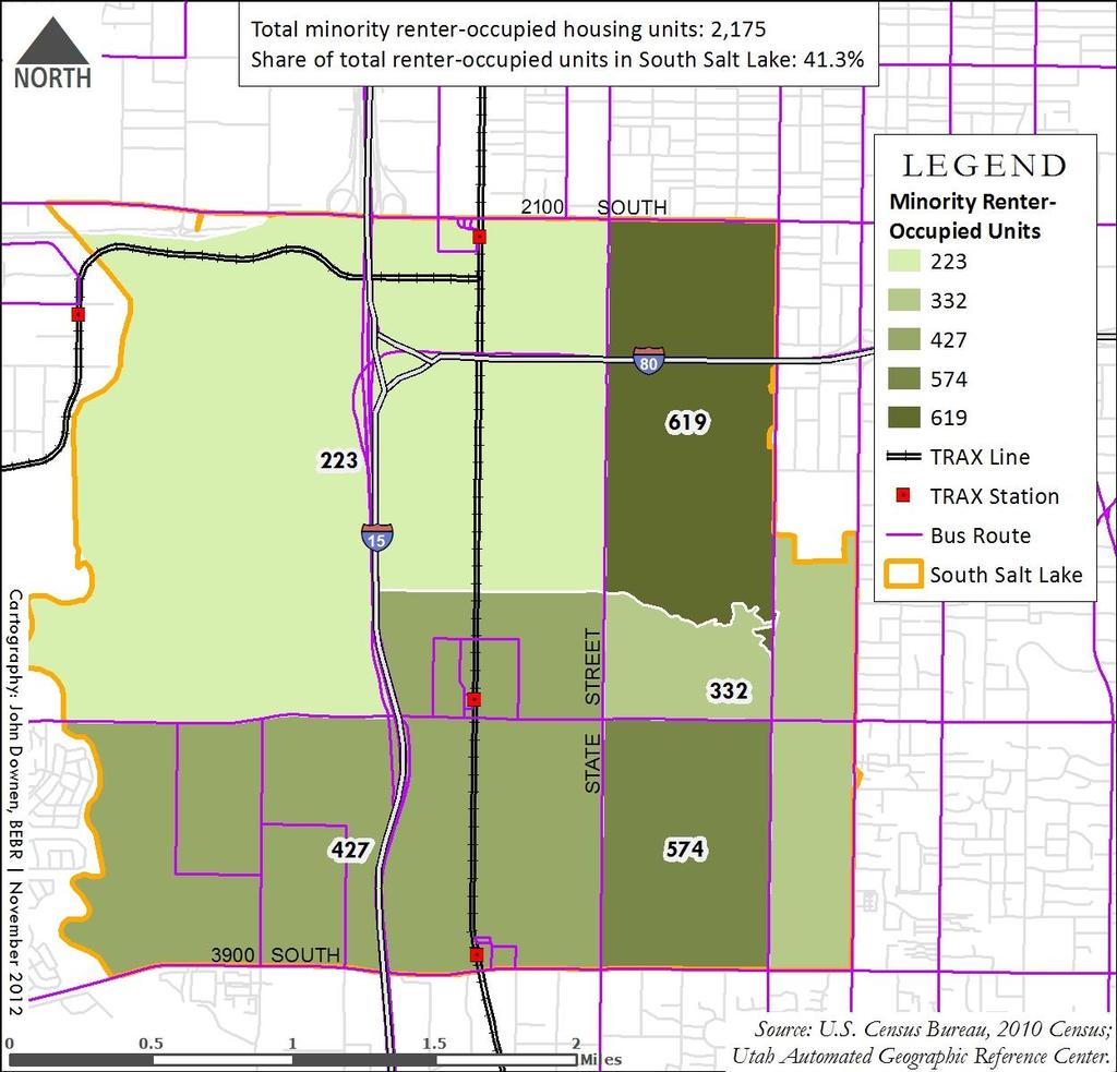 Figure 8 Minority Renter-Occupied Units by Tract in South Salt Lake, 2010 Figure 8 shows the number of minority renter-occupied units in South Salt Lake.