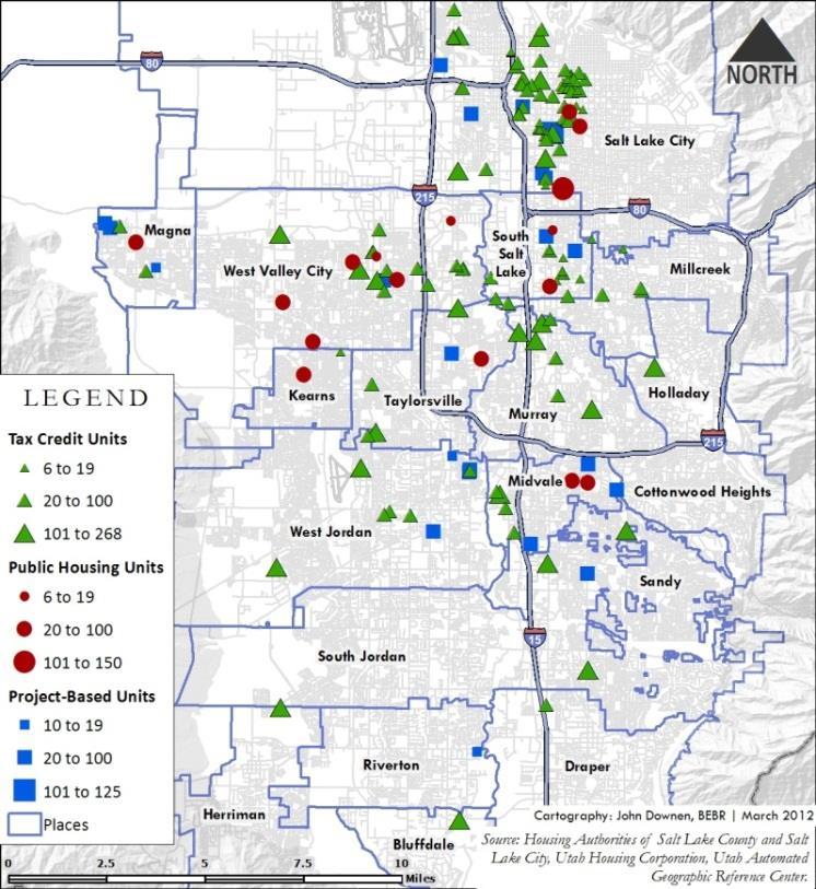 Figure 18 Subsidized Apartment Projects in Salt Lake County, 2011 out of the city convenient. Figure 19 displays the geographical location of Section 8 vouchers used in South Salt Lake in 2011.