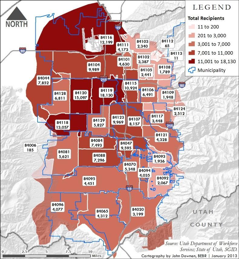 Table 14 Distinct Individuals on Public Assistance, 2007 2012 City Zip Code 2007 Individuals 2012 Individuals Absolute Change Percentage Change South Salt Lake 84115 7,889 10,924 3,035 38.