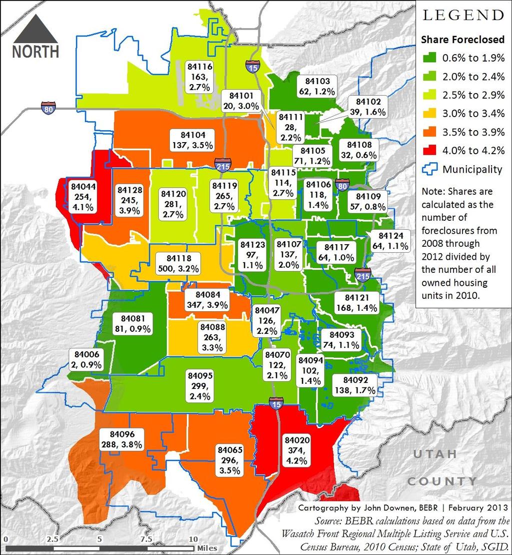Figure 37 maps the share of the foreclosed homes in each zip code in Salt Lake County, based on the 2010 owned housing stock and Zip Code Tabulation Areas (ZCTAs) from the 2010 U.S. Census.