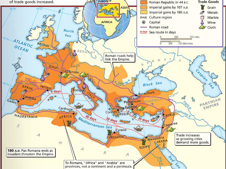 The Romans developed innovations that are still used today because: Through cultural diffusion, Rome s location the Romans along the borrow ideas Mediterranean other civilizations Sea like allowed