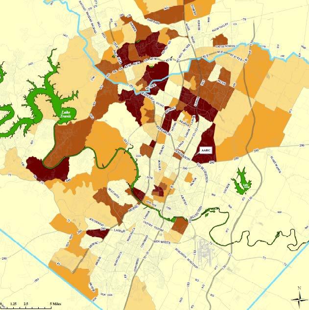 The map below shows the concentrations of the Asian American population in the City of Austin and surrounding areas, with the darker colors indicating higher concentrations.