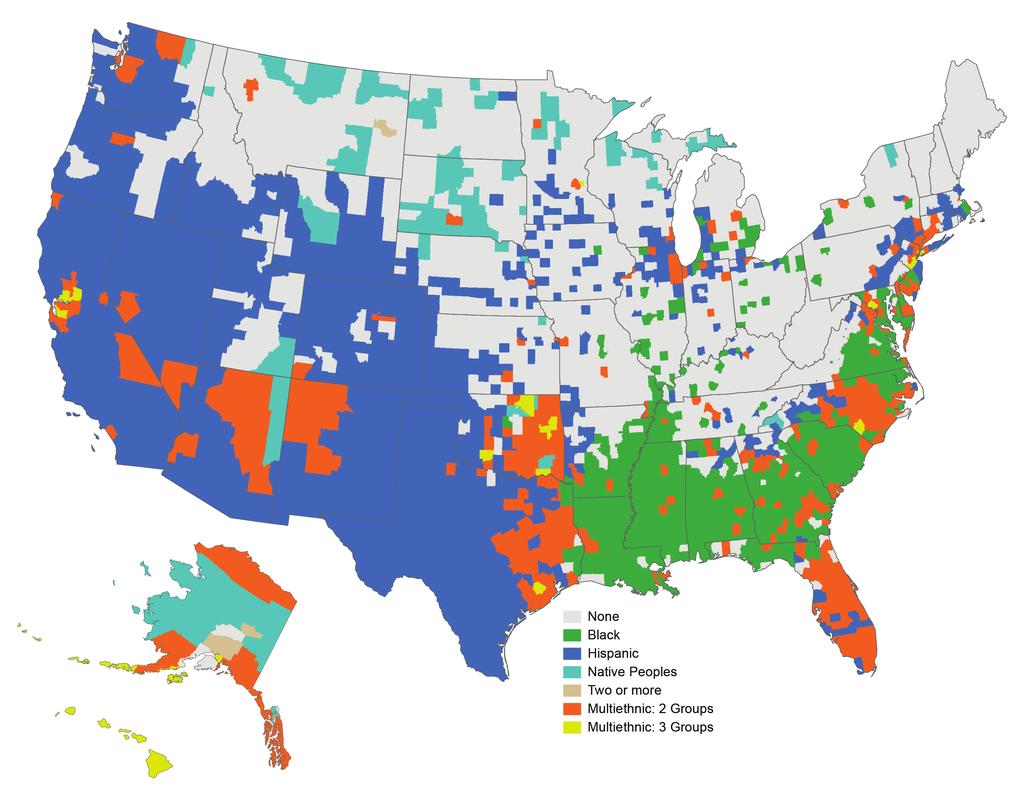 CARSEY INSTITUTE 9 FIGURE 9. DISTRIBUTION OF MINORITY POPULATION UNDER AGE 20, 2012 Source: U.S. Census Population Estimates (2012) contemporary trends was most evident in these counties.
