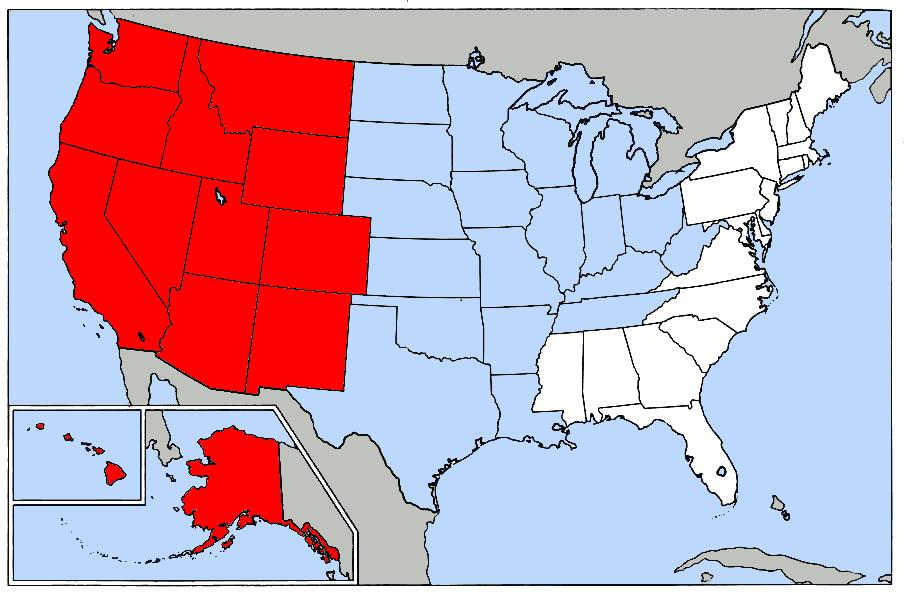 The West Hawaii, Alaska, Washington, Oregon, California, Nevada, Idaho, Montana, Wyoming, Colorado, New Mexico Covers one-half of the US land and has one-fifth of the population.