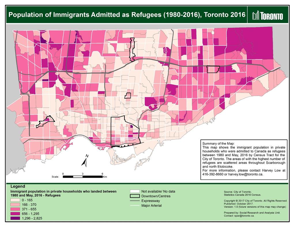Map 3: Population of immigrants admitted as refugees (1980-2016), Toronto 2016