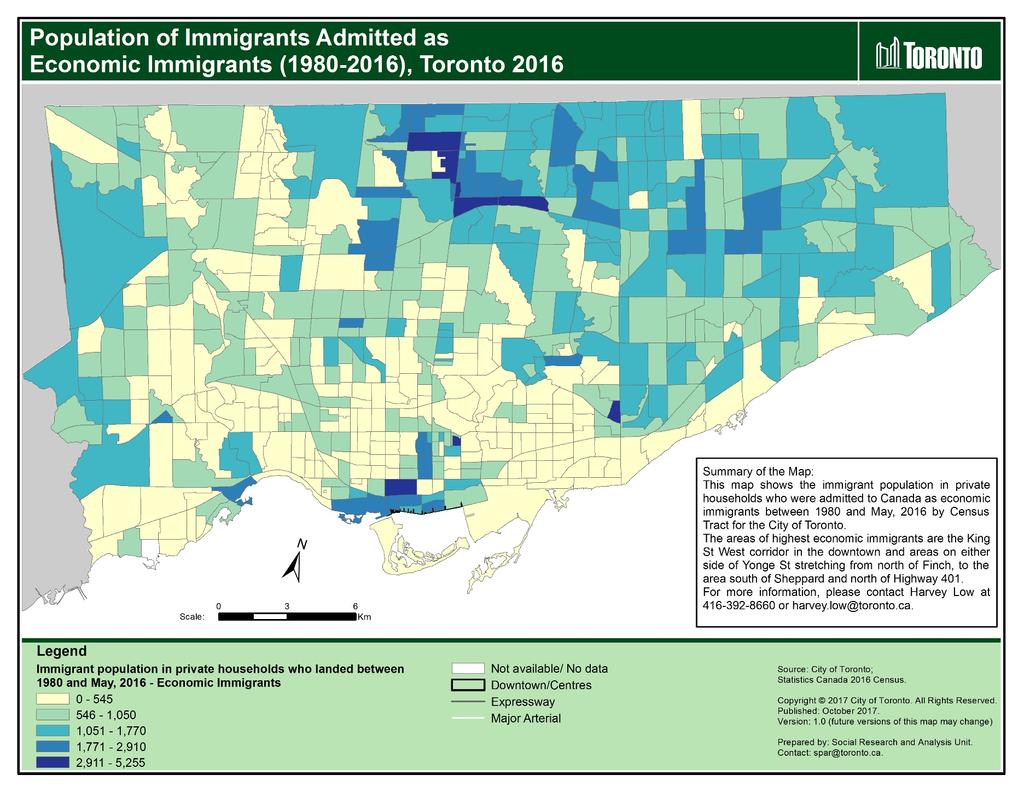 Map 5: Population of immigrants admitted as economic immigrants (1980-2016), Toronto 2016