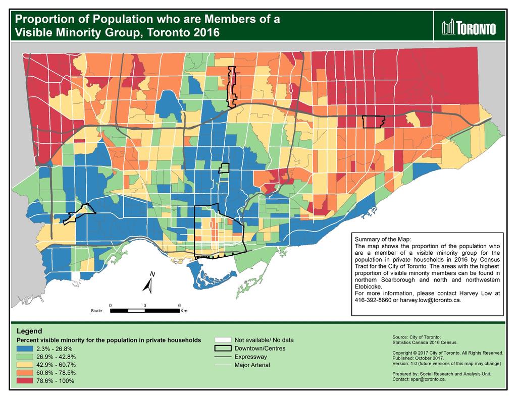Map 7: Proportion of population who are members of a visible minority group, Toronto, 2016