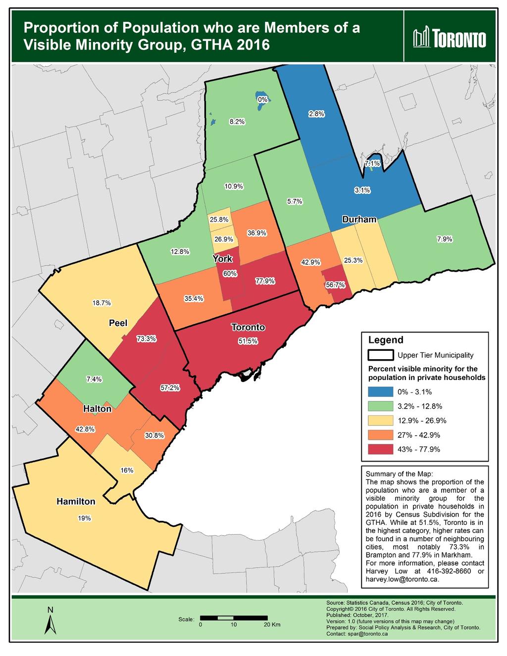 Map 8: Proportion of population who are members of a visible minority group, GTHA