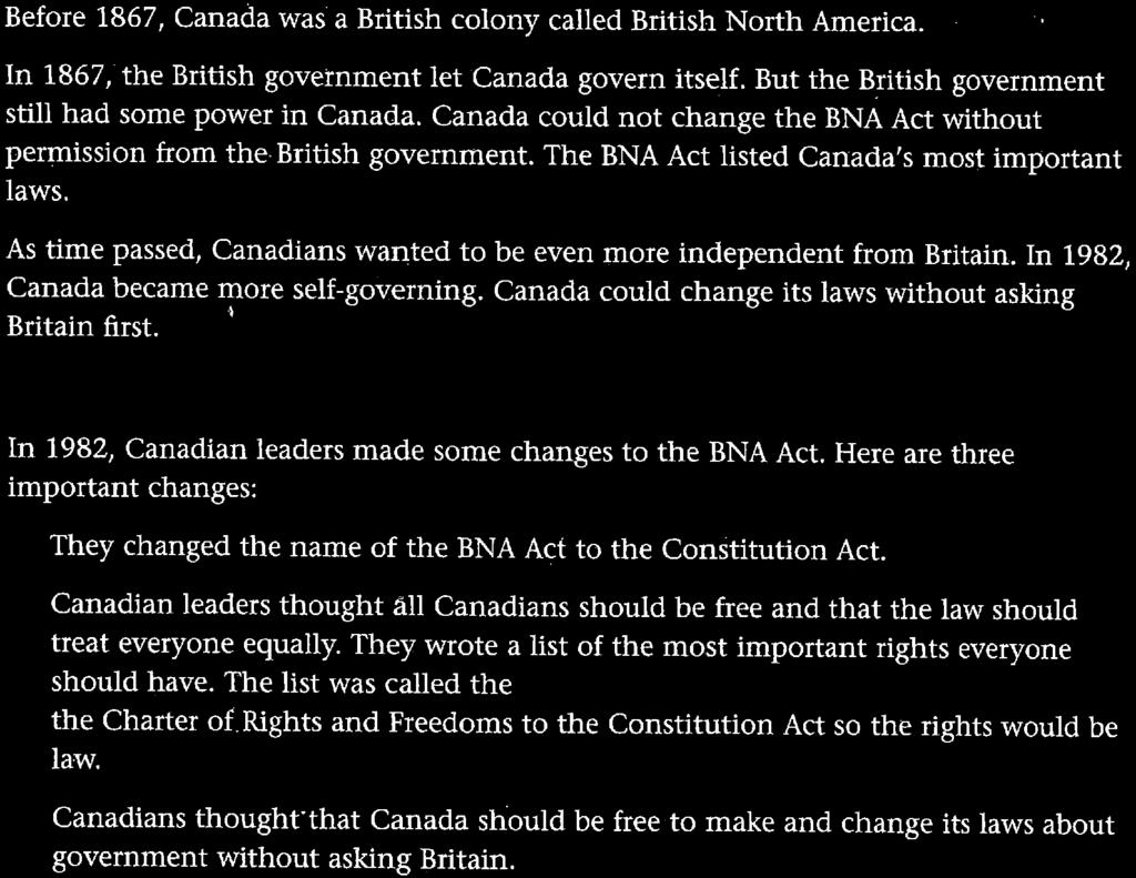 Before 1867, Canada was a British colony called British North America. In 1867, the British government let Canada govern itself. But the British government still had some power in Canada.