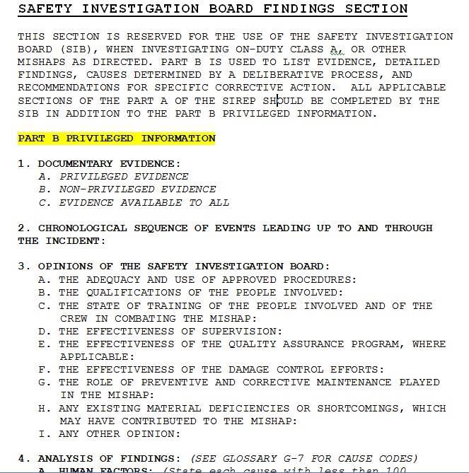 Part B of the SIREP from a SIB USMC Ground Mishap Investigation Course Protecting Safety Information Privileged Information NOTE: All stated
