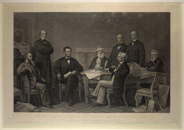 The Emancipation Proclamation: Was it Really About Freedom? The first reading of the Emancipation Proclamation before the cabinet / painted by F.B. Carpenter; engraved by A.H. Ritchie c1866.