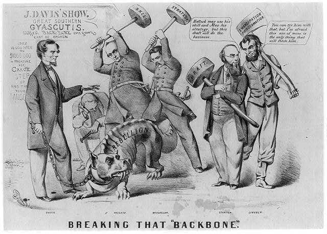 Document G Breaking That Backbone. Published by Currier & Ives, Nassau St., N.Y. [1862 or 1863] Library of Congress 1. Who are the men in the picture? 2. What is getting its backbone broken?
