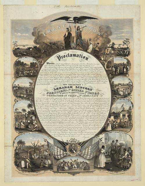 Document J Emancipation Proclamation / del., lith. and print. by L. Lipman, Milwaukee, Wisconsin. Martin & Judson, c 1864 Feb. 26. 1. Describe three scenes shown around this copy of the Emancipation Proclamation.