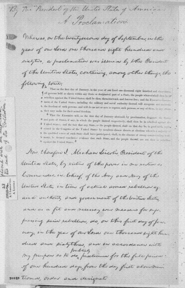 Document D Abraham Lincoln, Thursday, January 01, 1863 (Final Emancipation Proclamation--Final Draft [Lithograph Copy]) Please refer to transcript that follows to answer questions. 1. Write the quote from part one where Lincoln frees the slaves.