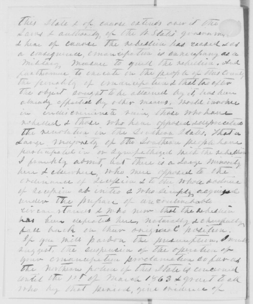 Accompanying this letter you will receive a petition from several residents of Marshall County Miss, in reference to your emancipation proclamation of Sept. last.
