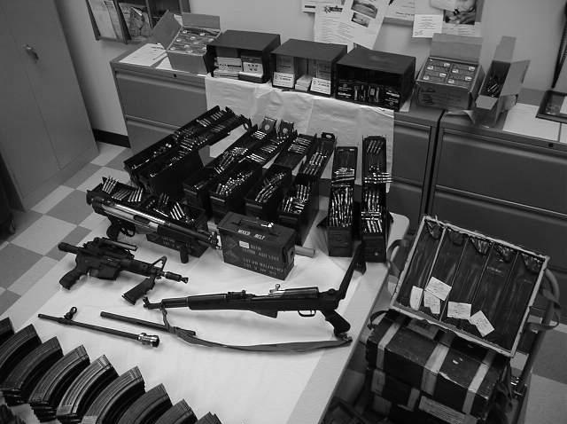 SEARCH INVENTORY 8 FIREARMS-9mm UZI, AK-47,.223 BUSHMASTER, 4-9mm pistols 20,373 rds. of ammo incl.640 rds of Black Talon ammo.