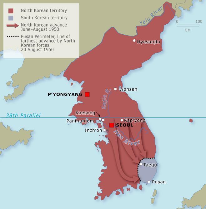 At first, the war was a defensive one a war to get the communists out of South Korea and it went badly for the Allies.