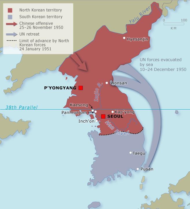 China had warned that if the UN invaded North Korea, they would get involved & on November 25 th, 1950 over 400,000 Chinese soldiers attacked across the Yalu