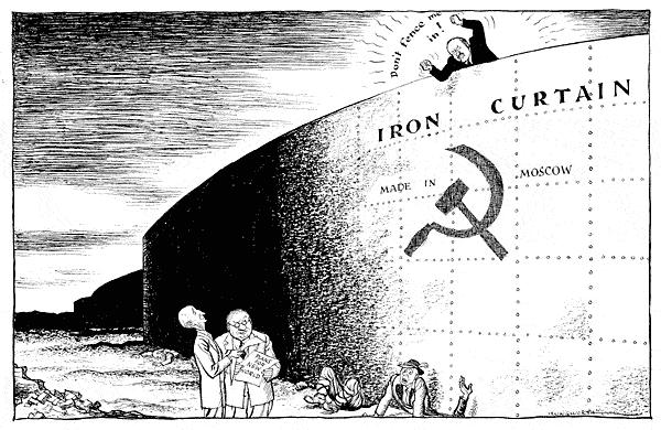 An Iron Curtain Descends (March, 1946) Stalin forced Communist revolutions in Bulgaria, Romania, Czechoslovakia, and Poland Stated that all satellite