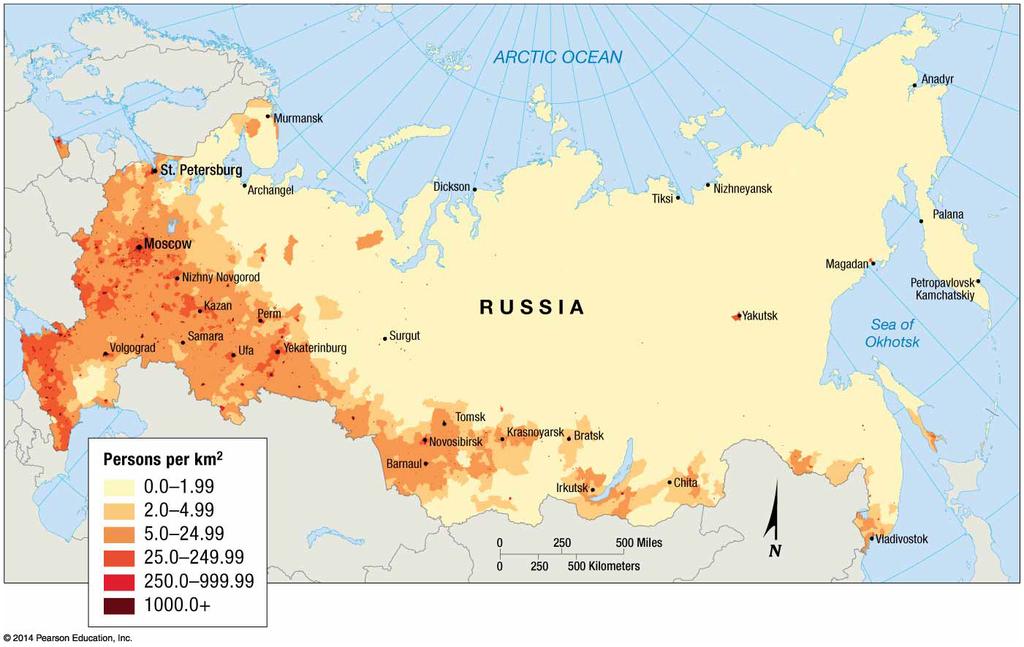 1. Where is population in Russia clustered? Dispersed? 2.