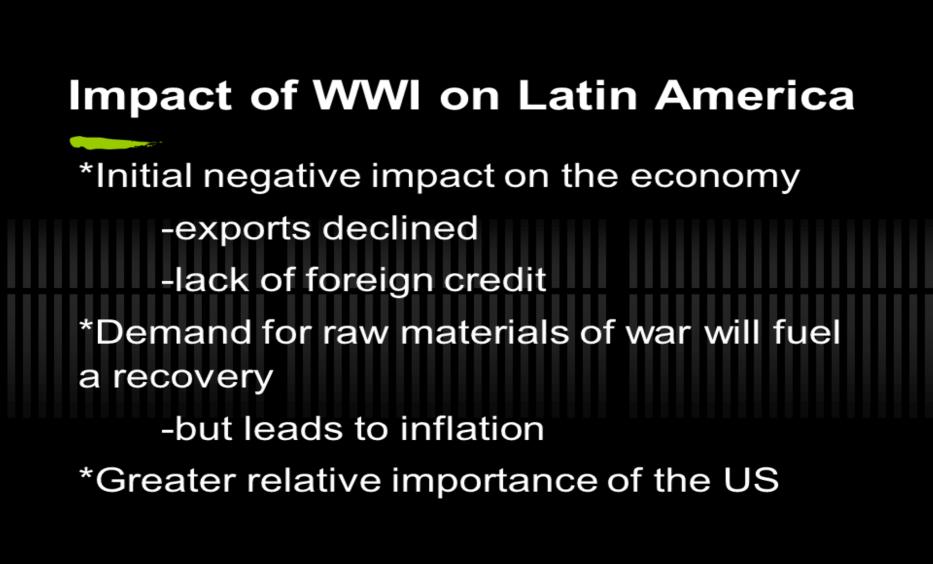 -Latin America s major role in the global economy was as an exporter of commodities such as wheat, corn, beef, wool, copper, coffee, and oil.