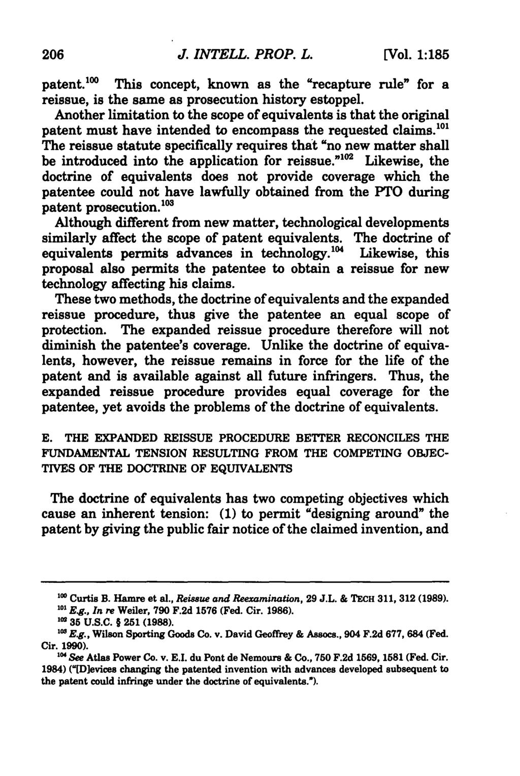 Journal of Intellectual Property Law, Vol. 1, Iss. 1 [1993], Art. 10 206 J. INTELL. PROP. L. [Vol. 1:185 patent.