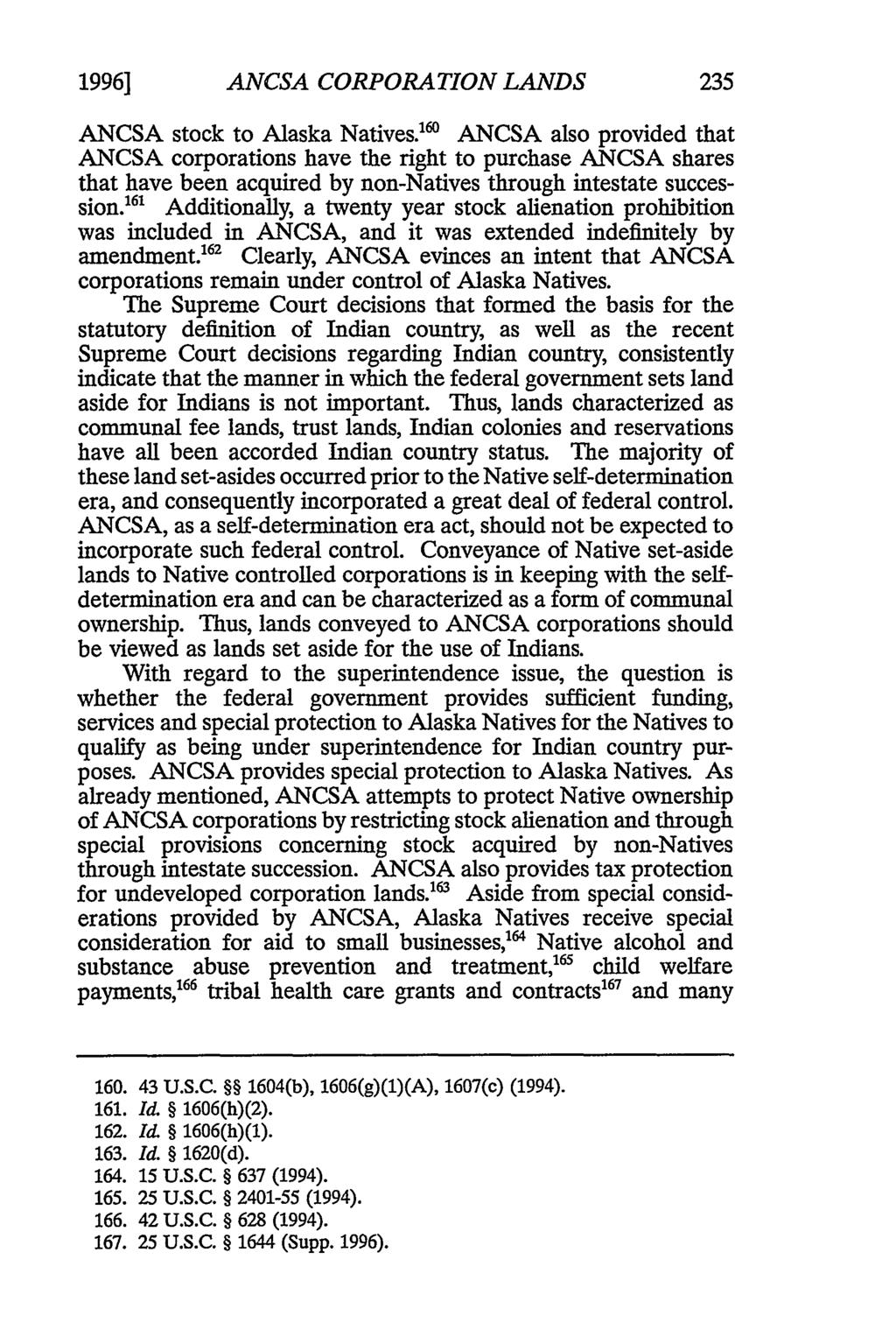 1996] ANCSA CORPORATION LANDS ANCSA stock to Alaska Natives.