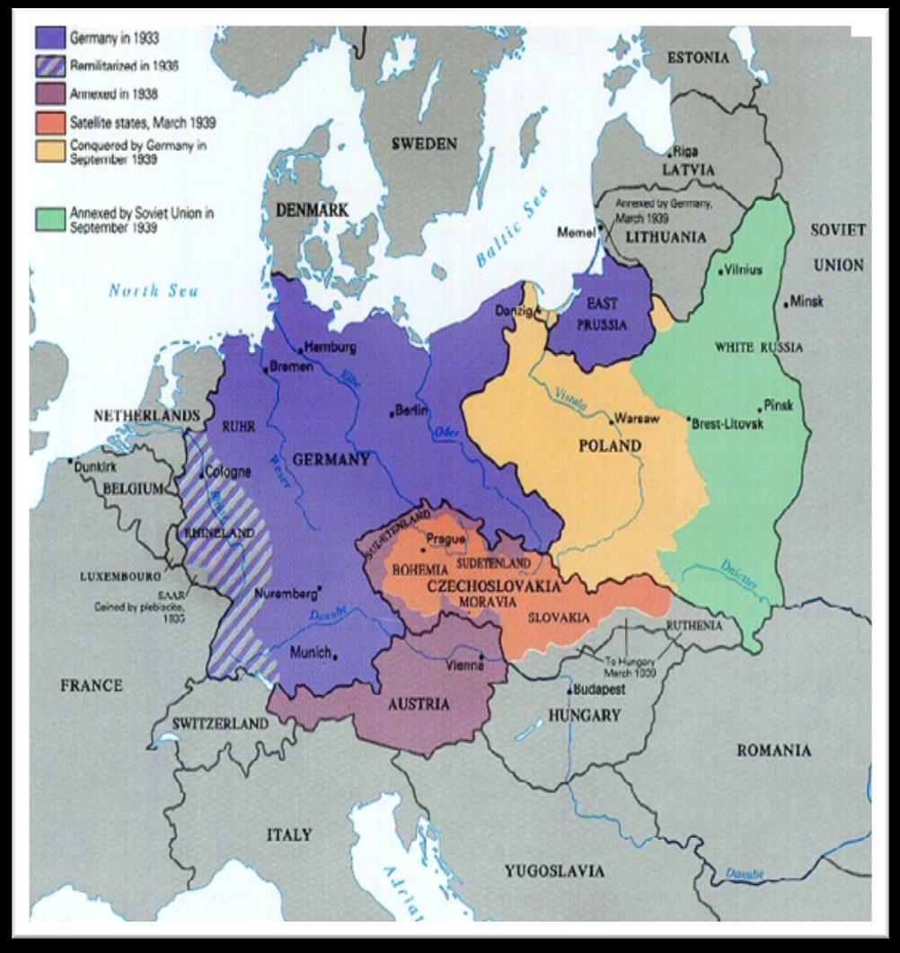 German Aggression Between 1936 and 1938, Germany remilitarized the Rhineland, annexed Austria, and in September 1938, Hitler