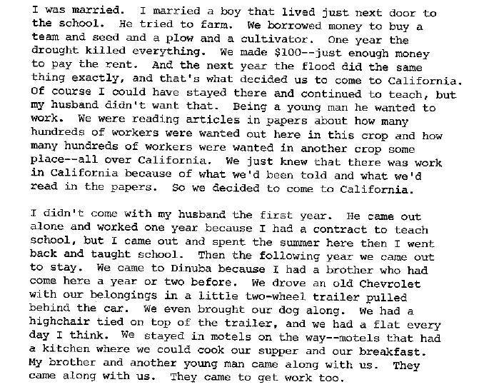 Source 1G: Oral History: Mildred Lenora Morris Ward Document Note: This is part of an interview given by a woman who grew up in Oklahoma during the Dust Bowl Migration.