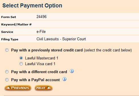 This example shows what the Payment Option looks like after adding a second credit card. There are now four options to pay for your filing at this point.
