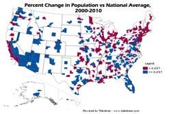 Decrease in RED. Below: Faster than the national average in BLUE.