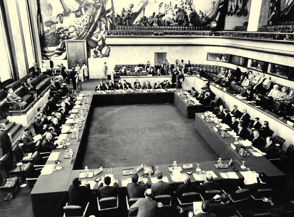 The eighteen-nation Committee on Disarmament, a precursor to the CD, in session on 18 May 1967.