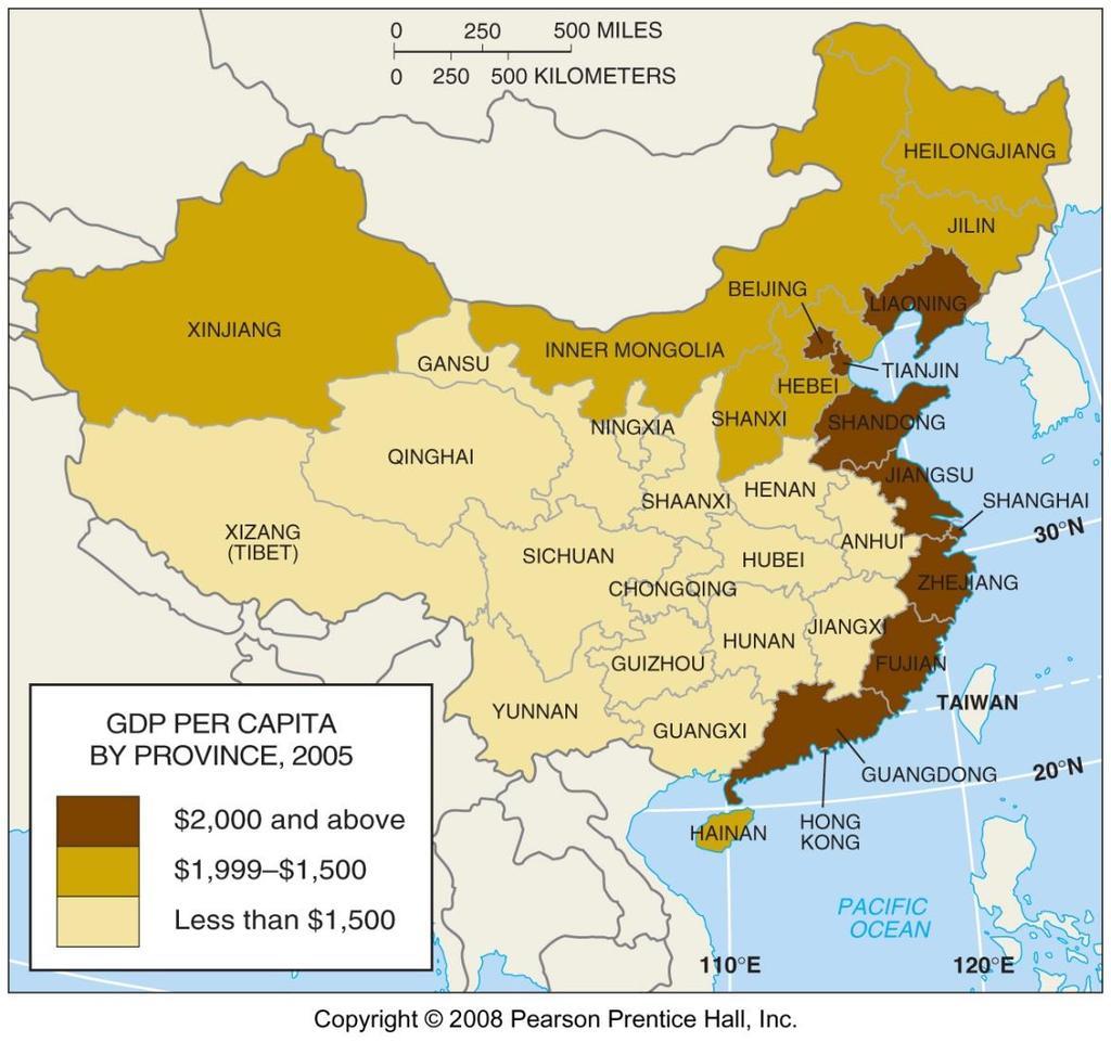 CHINA, GDP PER CAPITA BY PROVINCE Where is there development inside of China? Why is it there? What is that region known for? What is going on between GDP between developed & developing? https://www.