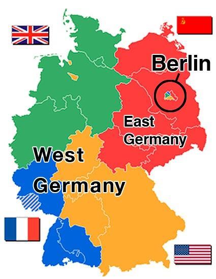 E. Struggle over Germany: 1. At Yalta, powers divided Germany into zones a. West Germany: 3 zones 1. America 2.