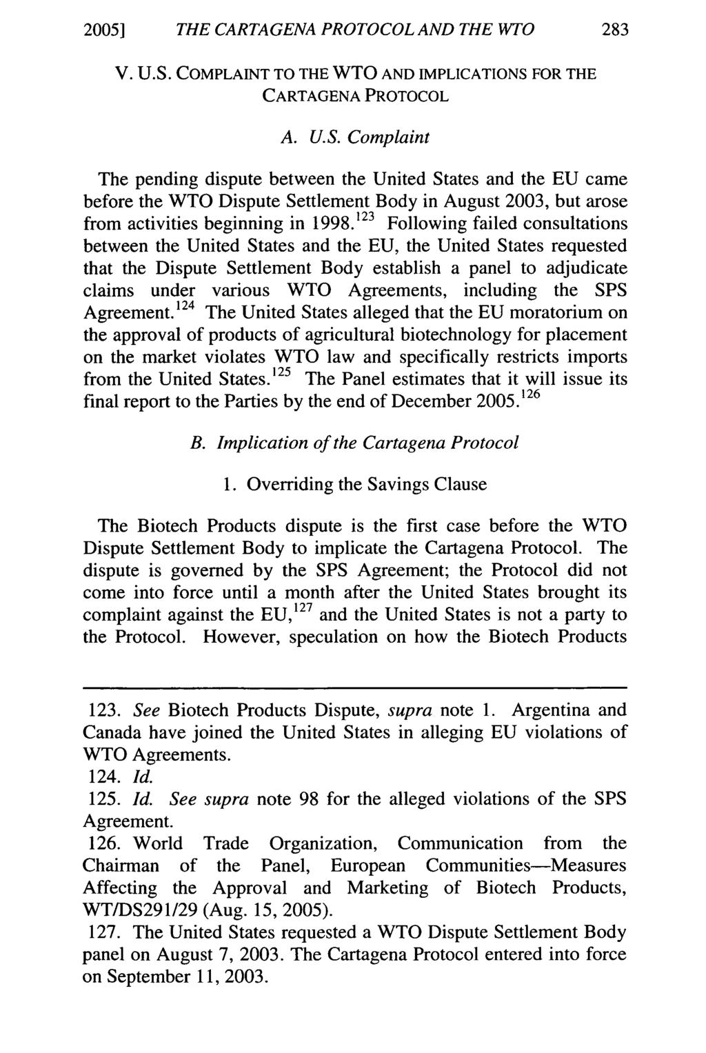 2005] THE CARTAGENA PROTOCOL AND THE WTO V. U.S.