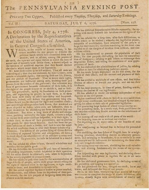 On July 5, 1776 the German Pennsylvanischer Staatsbote, published by Heinrich Miller, became the new nations's first newspaper to announce that the Declaration had been adopted.