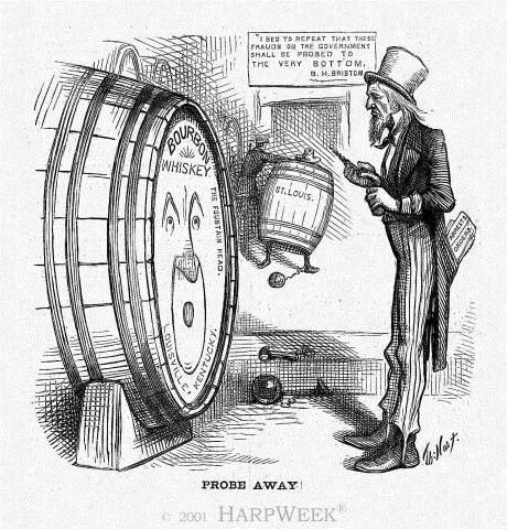 The Whiskey Ring Scandal involving several members of Grant s administration, including his personal secretary, where federal employees accepted bribes from