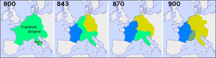 grandsons, who fought each other for supremacy, and whose extended dynastic contest caused the permanent division of East Francia (Germany) from West Francia (France).