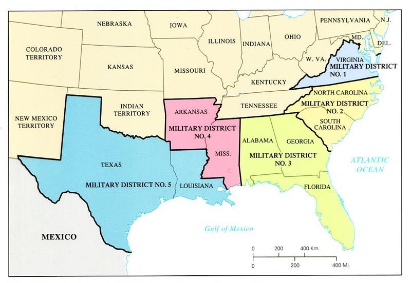 Military Reconstruction March 1867: Congress passed the Military Reconstruction Act Divided South into 5 districts,