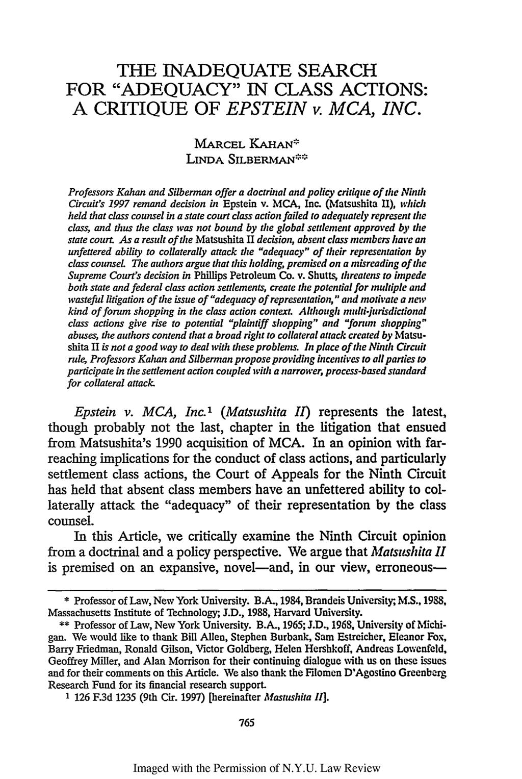 THE INADEQUATE SEARCH FOR "ADEQUACY" IN CLASS ACTIONS: A CRITIQUE OF EPSTEIN v. MCA, INC.