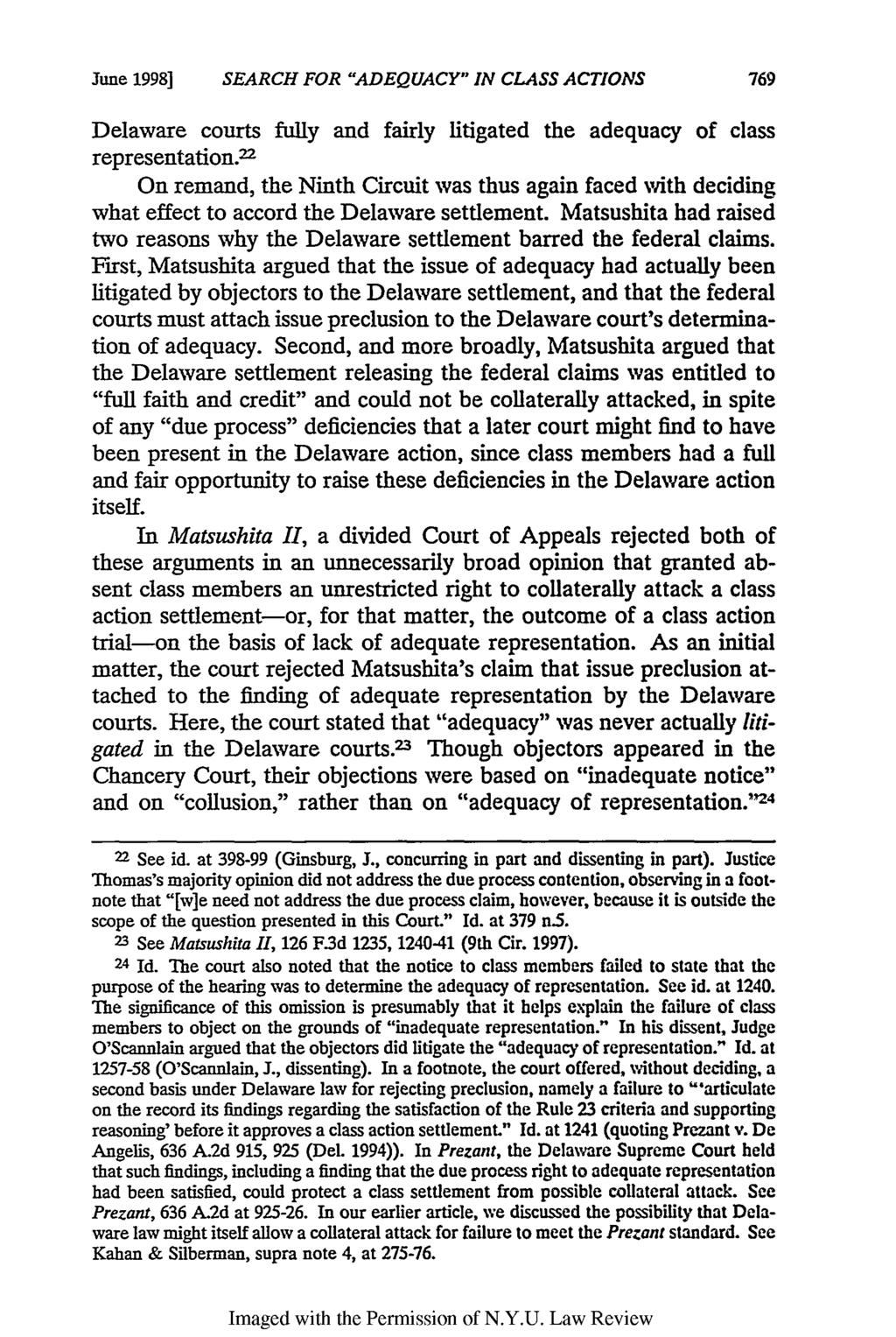 June 1998] SEARCH FOR "ADEQUACY" IN CLASS ACTIONS 769 Delaware courts fully and fairly litigated the adequacy of class representation 22 On remand, the Ninth Circuit was thus again faced with